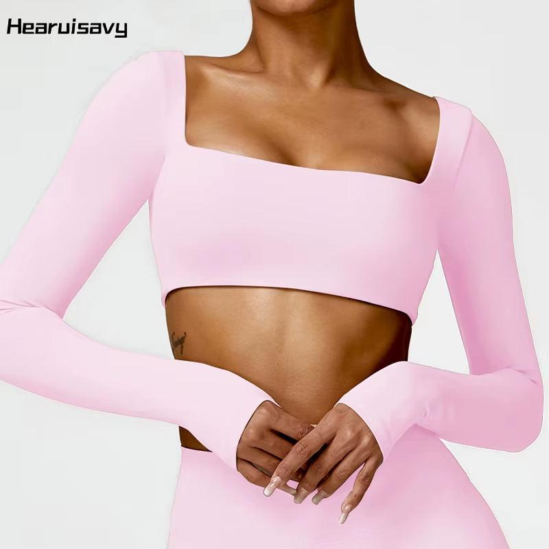Casual Quick Dry Sportswear Women Square Neck Gym Top Women Fitness Sports Crop Top Female Long Sleeve Yoga Clothing