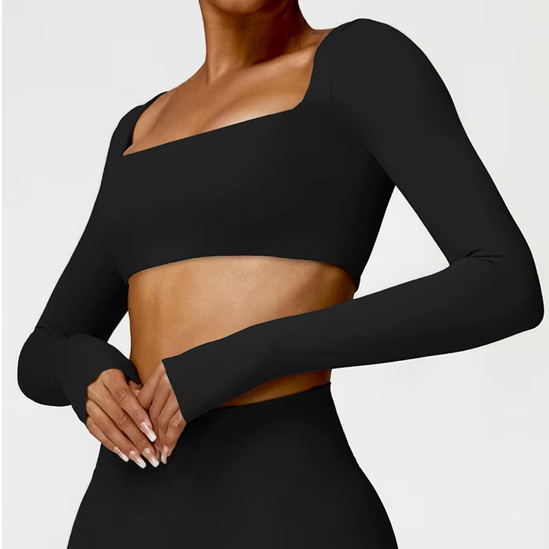 Casual Quick Dry Sportswear Women Square Neck Gym Top Women Fitness Sports Crop Top Female Long Sleeve Yoga Clothing