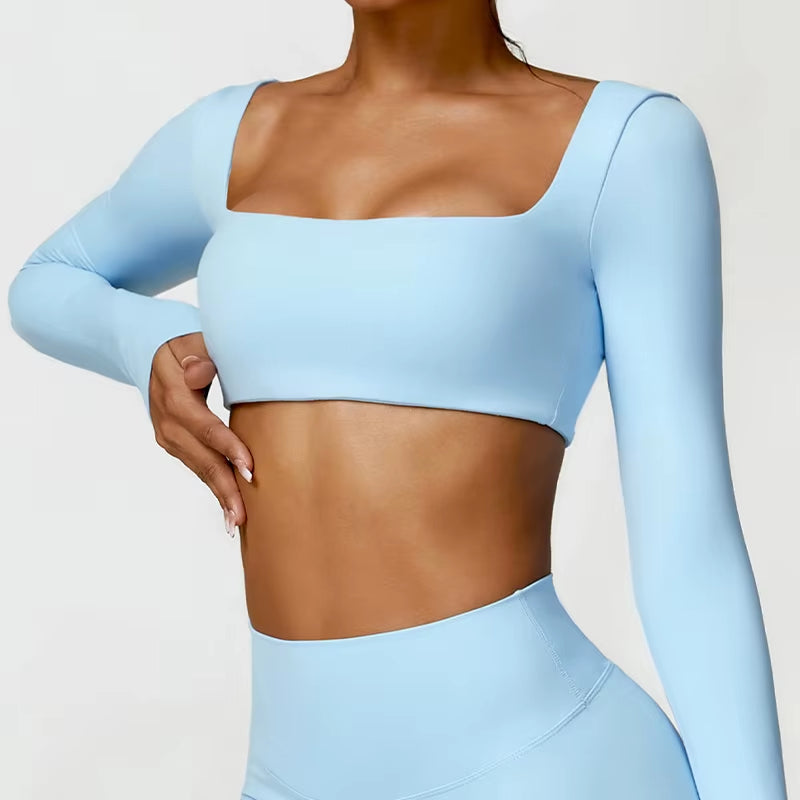 Casual Quick Dry Sportswear Women Square Neck Gym Top Women Fitness Sports Crop Top Female Long Sleeve Yoga Clothing