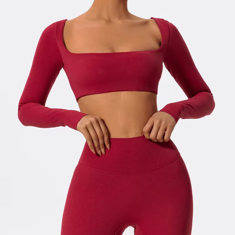 Casual Quick Dry Sportswear Women Square Neck Gym Top Women Fitness Sports Crop Top Female Long Sleeve Yoga Clothing